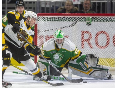 Liam Van Loon of the Hamilton Bulldogs tries a backhand against Brett Brochu of the Knights as the London Knights host the Hamilton Bulldogs at Budweiser Gardens on Friday Jan. 24, 2020.  (Mike Hensen/The London Free Press)