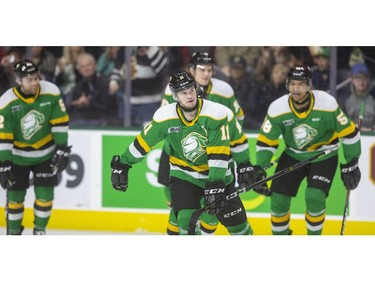 Connor McMichael skates back to the bench after putting the Knights up 2-0 over the Bulldogsas the London Knights host the Hamilton Bulldogs at Budweiser Gardens on Friday Jan. 24, 2020.   (Mike Hensen/The London Free Press)