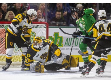 Alec Regula of the Knights gets a slashing penalty digging for the puck under Hamilton goalie Zachary Roy as the London Knights host the Hamilton Bulldogs at Budweiser Gardens on Friday Jan. 24, 2020.   (Mike Hensen/The London Free Press)