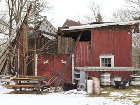 An old barn on Halls Mills Road in Byron belonging to John and Ruth Ann McLeod has collapsed and whether or not it needs to be demolished or rebuilt as a heritage property is still up in the air in London. Photograph taken on Sunday January 26, 2020.  (Mike Hensen/The London Free Press)