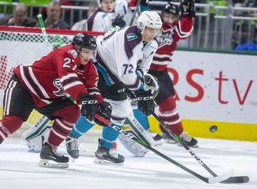 Jacob Roach of the Guelph Storm and Alec Regula of the London Knights fight for the puck in front of the Knights goal in the first period of their Sunday afternoon at Budweiser Gardens in London. Photograph taken on Sunday January 26, 2020. Mike Hensen/The London Free Press/Postmedia Network