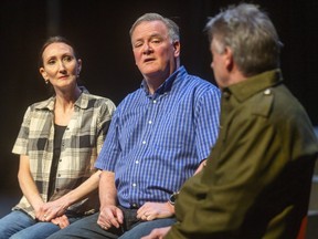 Charlene McNabb as Minnie Grozelle and John Reid, playing Ron Grozelle take the measure of a Canadian military officer Col. Davidson, played by Greg Penney who oozes insincerity as he talks to the parents of an RMC student Joe Grozelle who died in 2003.  Mike Hensen/The London Free Press/Postmedia Network