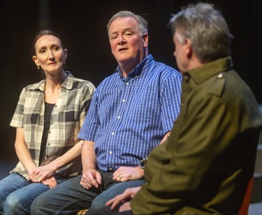Charlene McNabb as Minnie Grozelle and John Reid, playing Ron Grozelle, take the measure of a Canadian military officer, Col. Davidson, played by Greg Penney, as he talks to the parents of Royal Military College student Joe Grozelle, who died in 2003.  Mike Hensen/The London Free Press/Postmedia Network