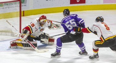 Guelph Gryphons Jesse Saban, right, can't stop Western Mustang Kyle Pettit as breaks in shorthanded to beat Andrew Masters and make the score 2-0 in the first period of Western's 5-4 win in Ontario university's men's hockey action sat Budweiser Garden Thursday, Jan. 30. (Mike Hensen/The London Free Press)