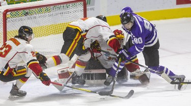 Western Mustang Cordell James and Guelph Gryphon Ryan Obonsawin, left, duel for the loose puck as Guelph Gryphons goalie Andrew Masters is knocked down by his own defenceman, Cole Cameron, in the first period of Western's 5-4 win in Ontario university men's hockey action at Budweiser Gardens on Thursday, Jan. 30. (Mike Hensen/The London Free Press)