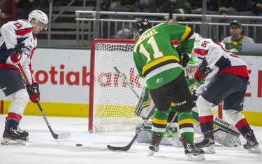 Will Cuylle of the Spitfires parked on the side of the net gets a nice pass for an easy goal from Wyatt Johnston of the Spits who was working in front of Knights goaltender Brett Brochu and Connor McMichael of the Knights couldn't get back in time during their game at Budweiser Gardens in London, Ont.  on Friday January 31, 2020.  The Spits took a 2-0 lead in the first. Mike Hensen/The London Free Press/Postmedia Network