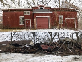 Top: This photograph of an historic barn at 247 Halls Mill Rd. in Byron was taken on Sunday January 26, 2020. (Mike Hensen, The London Free Press)  

Bottom: Only rubble could be seen Friday morning on the site of the barn, that just this week had received heritage designation. (Jonathan Juha, The London Free Press)