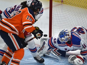 Edmonton Oilers James Neal (18) scores in the first 11 seconds of the game on New York Rangers goalie Alexandar Georgiev (40) during NHL action at Rogers Place in Edmonton, December 31, 2019.