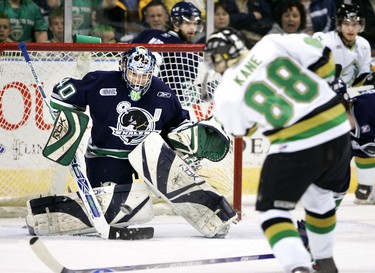 London Knights forward Pat Kane can't get his shot past Plymouth Whalers goalie Michal Neuvirth during the first period of their playoff game in London on April 24, 2007. (Mike Hensen/The London Free Press)