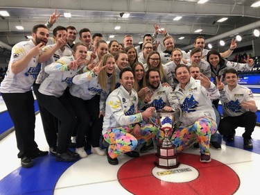 Team Europe celebrates its 37.5-22.5 win over Canada in the Continental Cup  curling championship at Western Fair Sports Centre Sunday. (Paul Vanderhoeven)