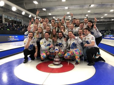 Team Europe celebrates its 37.5-22.5 win over Canada in the Continental Cup  curling championship at Western Fair Sports Centre Sunday. (Paul Vanderhoeven)