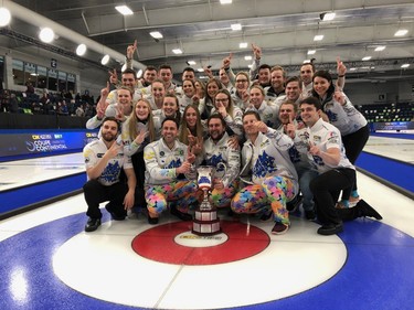 Team Europe celebrates its 37.5-22.5 win over Canada in the Continental Cup  curling championship at Western Fair Sports Centre Sunday. (Paul Vanderhoeven)