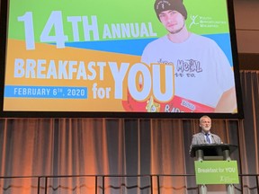 Steve Cordes, Youth Opportunities Unlimited's executive director, speaks Thursday at RBC Place London during the annual Breakfast for YOU event. (JONATHAN JUHA/The London Free Press)