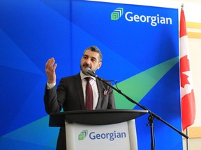 Ross Romano, Ontario Minister of Colleges and Universities, announces a new nursing education policy that will allow community colleges to offer a bachelor of science in nursing degree independent of a partner university. He made the announcement Tuesda at Georgian College in Owen Sound. (Sebastian Schuster/For Postmedia Network)