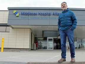 John Brennan, chair of the Strathroy Middlesex General Hospital Foundation, stands outside the Strathroy-based hospital. The foundation is asking surrounding municipalities to help fund $20 million in new equipment. The foundation is also launching a $40-million campaign to add new operating rooms and intensive care unit, for which it also intends to approach municipalities. (Jonathan Juha/The London Free Press)