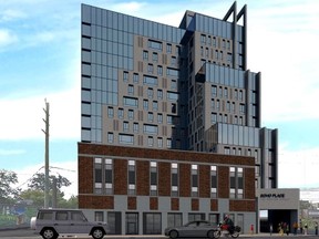 An artist's rendering envisions the 16-storey tower which the London International Academy, a private school that prepares international students for university, wants to build to house students at 185 Horton St.