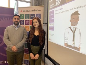 Western University researcher Javeed Sukhera and Elora Watson, who has lived experience in the mental health system, unveil a new online education program, Shared Humanity, designed to help teens experiencing mental health issues feel more comfortable and prepared with their doctors. (Jennifer Bieman/The London Free Press)