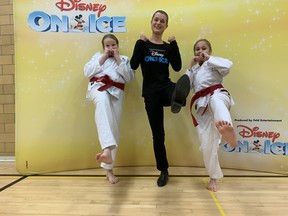 Adriene Ott, who stars as Jasmine in Disney on Ice's Celebrate Memories, with Sara Stapleton, 15, left and Teyla Allen, 11. Ott taught new moves to the kids on Wednesday through the Kids Kicking Cancer program. (HEATHER RIVERS, The London Free Press)