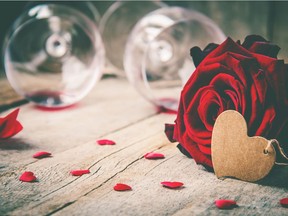 Wine glasses with rose and heart. Getty Images stock pic For 02083 col gismondi [PNG Merlin Archive]