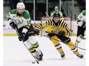 London Knights' Liam Foudy (18) is chased by Sarnia Sting's Ryan McGregor (19) in the second period at Progressive Auto Sales Arena in Sarnia, Ont., on Saturday, Feb. 1, 2020. Mark Malone/Chatham Daily News/Postmedia Network