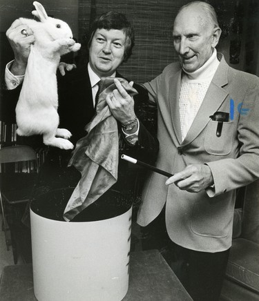 Dicky Dean and veteran magician Ev Mires at Mires retirement party, 1983. (London Free Press files)