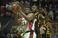 Windsor's Kemy Osse takes it strong to the basket in National Basketball League of Canada action between the Windsor Express and the London Lightning at the WFCU Centre in Windsor on  Feb. 21, 2020.  (DAX MELMER/Windsor Star)