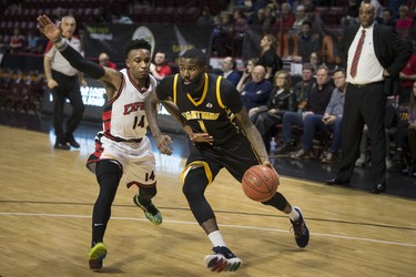 London's Terry Thomas drives to the basket in NBL Canada action between the Windsor Express and the London Lightning at the WFCU Centre, Sunday, February 2, 2020.  (DAX MELMER/Postmedia Network)