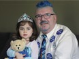 John Concannon is shown with his granddaughter Violet Gurney, 3, at her Essex home on Tuesday, February, 18, 2020. He is participating in the Go Blue Go Bald fundraiser and has raised almost $30,000. Violet is doing well now after undergoing chemotherapy to shrink a tumour.
