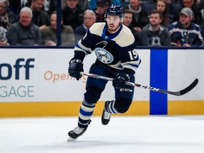 Columbus Blue Jackets centre Liam Foudy (19) skates against the Tampa Bay Lightning in the first period at Nationwide Arena in Columbus during his emergency callup from the London Knights on Monday.