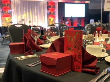 The tables are set for the Chinese Canadian National Council's London Dragon Gala. About 570 guests came out to the Chinese New Year celebration at RBC Place Saturday Feb. 8, 2020. (Jennifer Bieman/The London Free Press)