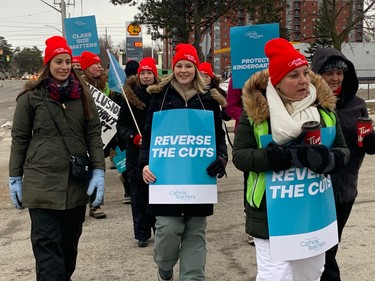 Teachers hit the picket lines outside Saunders Secondary School in southwest London on Tuesday morning. More than 13,000 local teachers held a one-day strike, leaving 100,000 students out of class. (Heather Rivers/The London Free Press)