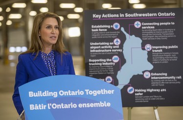 Caroline Mulroney (Minister of Transportation) speaks during a press conference at the London Transit Commission to announce the province's draft plan to build better a transportation system in southwestern Ontario. (Derek Ruttan/The London Free Press)