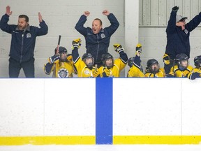 The Whitby Wolves bench erupts on an overtime goal that gave them a 2-1 victory over the Brampton Canadettes and the Atom BB championship at the 30th Annual London Devilettes Tournament in London on Feb. 2, 2020. (Derek Ruttan/The London Free Press)