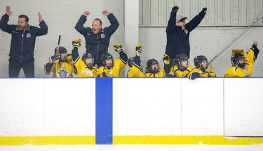 The Whitby Wolves bench erupts on an overtime goal that gave them a 2-1 victory over the Brampton Canadettes and the Atom BB championship at the 30th Annual London Devilettes Tournament in London on Sunday. (Derek Ruttan/The London Free Press)