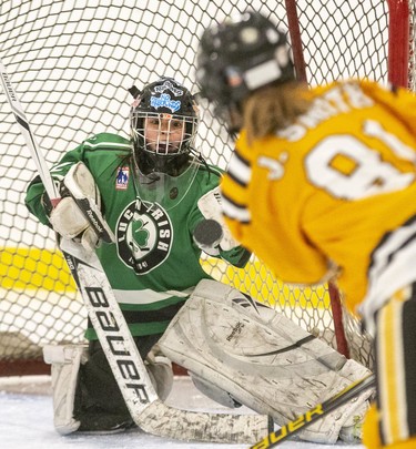 Lucan Irish goalie Megan Foster stops a shot by Jada Smith of the Sarnia Lady Sting during the peewee B championship game at the 30th Annual London Devilettes Tournament in London on Sunday. (Derek Ruttan/The London Free Press)