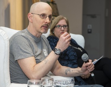 Charles Vincent was accompanied by court reporter Jane Sims as he spoke about his career as a courtroom sketch artist to a full house at the TAP centre in London, Ont. on Tuesday. (Derek Ruttan/The London Free Press)