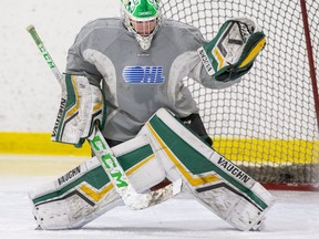 London Knights goalie Brett Brochu is putting in five to six hours of training in his hotel room in Red Deer Alta. The 18-year-old from Tilbury is riding out a quarantine at the world junior team tryout camp, which should be lifted this weekend. (Derek Ruttan/The London Free Press)