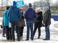 London West MPP Peggy Sattler speaks with striking elementary school teachers at Westmount elementary school in London, Ont. on Monday, Feb. 10, 2020. Sattler plans to get hip replacement in Toronto in July, skipping London's worst-in-the-province wait times. (Derek Ruttan/The London Free Press)