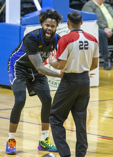 Akeem Ellis of the Kitchener-Waterloo Titans voices his displeasure with a foul call during their game against the London Lightning at Budweiser Gardens in London, Ont. on Monday Feb. 17, 2020. Derek Ruttan/The London Free Press