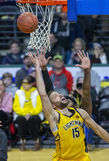 Garrett Williamson of the London Lightning takes a shot during their game against  the Kitchener-Waterloo Titans  in London, Ont. on Monday February 17, 2020. Derek Ruttan/The London Free Press/Postmedia Network