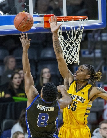 AJ Gaines of the London Lightning denies Ed Horton of the Kitchener-Waterloo Titans during their game in London, Ont. on Monday February 17, 2020. Derek Ruttan/The London Free Press/Postmedia Network