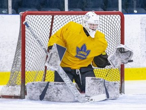 Brock Baier makes a save during London Nationals practice at Western Fair Sports Centre in London, Ont. (Derek Ruttan/The London Free Press)