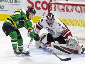 London Knight Antonio Stranges can't beat Guelph Storm goalie Nico Daws on a deke attempt during the first period of their game at Budweiser Gardens in London, Ont., Wednesday Feb. 26, 2020.  Derek Ruttan/The London Free Press
