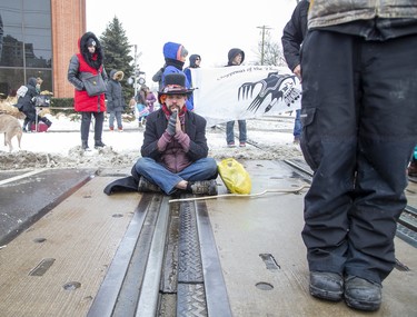 Jason Blanchard was one of pproximately 300 people that occupied the CP Rail tracks at Waterloo Street and Pall Mall Street in support of Wet'suwet'en hereditary chiefs. Photo shot in London, Ont. on Friday February 28, 2020.  Derek Ruttan/The London Free Press/Postmedia Network