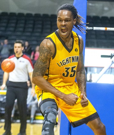 AJ Gaines of the London Lightning yells after a dunk early in their Sunday afternoon game at Budweiser Gardens against the Halifax Hurricanes in London. Photograph taken on Sunday February 9, 2020. Mike Hensen/The London Free Press/Postmedia Network