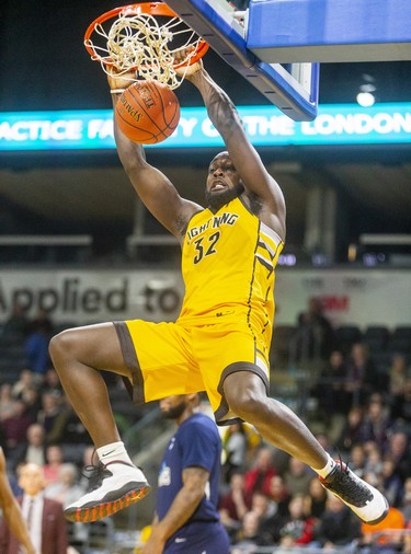 Randy Phillips of the London Lightning dunks in their Sunday afternoon game at Budweiser Gardens against the Halifax Hurricanes in London. Photograph taken on Sunday February 9, 2020. 
Mike Hensen/The London Free Press/Postmedia Network