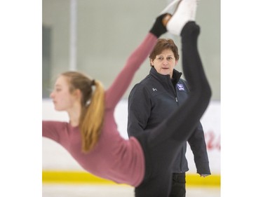 Western University figure skating coach Alma Moir works with Mya Lamport at the Komoka Wellness and Recreation Centre on Thursday, Feb. 13, 2020. Moir is hanging up her skates after more than 40 years coaching at Western. (Mike Hensen/The London Free Press)