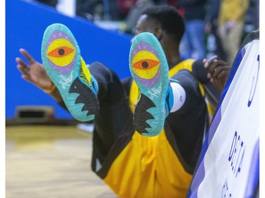 Marvin Binney of the Lightning looks for a foul after being knocked down during their game against the Sudbury Five at Budweiser Gardens in London, on Thursday Feb. 13, 2020.  Mike Hensen/The London Free Press