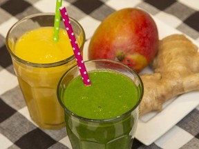 Smoothies, like these mango and ginger kale blends, are a great way to combine nutritious ingredients for breakfast, lunch or after-school snack, Jill Wilcox says. (Mike Hensen/The London Free Press)