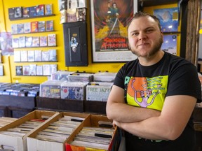 Justin Chasty, the owner of Odyssey Records on Dundas Street in Old East Village, says he's unsure of city hall's plan to financially help businesses like his in the area during road construction later this year. (Mike Hensen/The London Free Press)